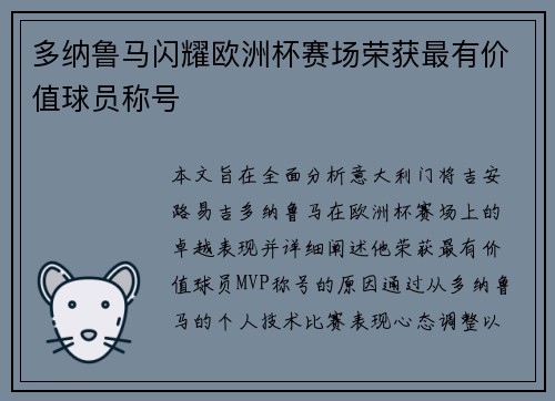 多纳鲁马闪耀欧洲杯赛场荣获最有价值球员称号