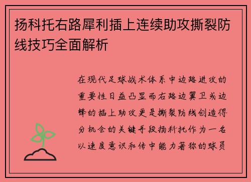 扬科托右路犀利插上连续助攻撕裂防线技巧全面解析